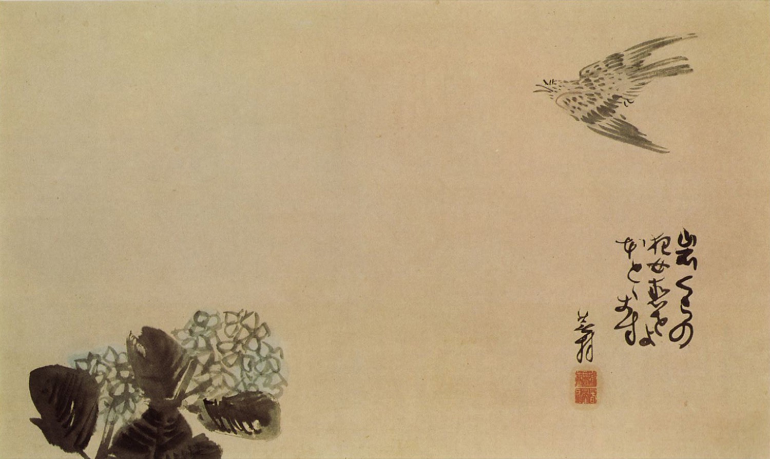 Haiga by Yosa Buson - cuckoo and hydrangea